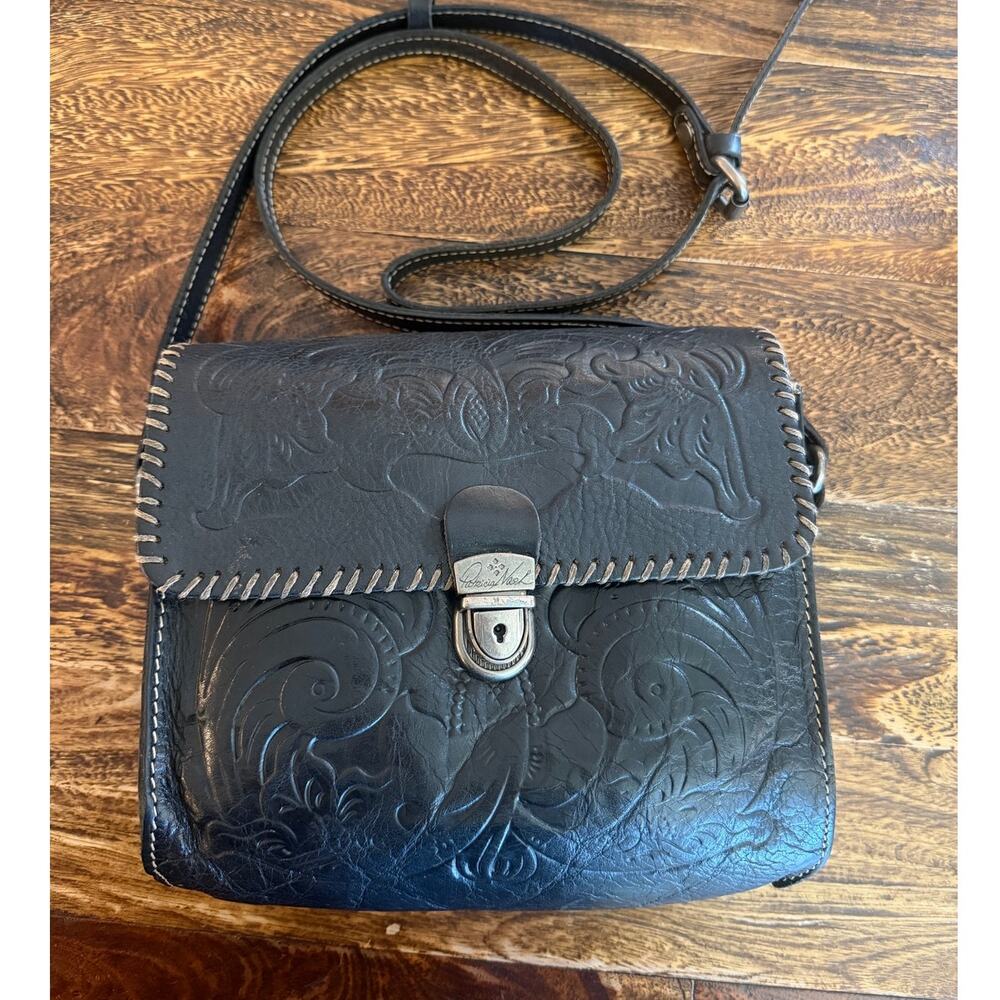 Patricia Nash Ilina Black Tooled Leather Flap Crossbody Bag